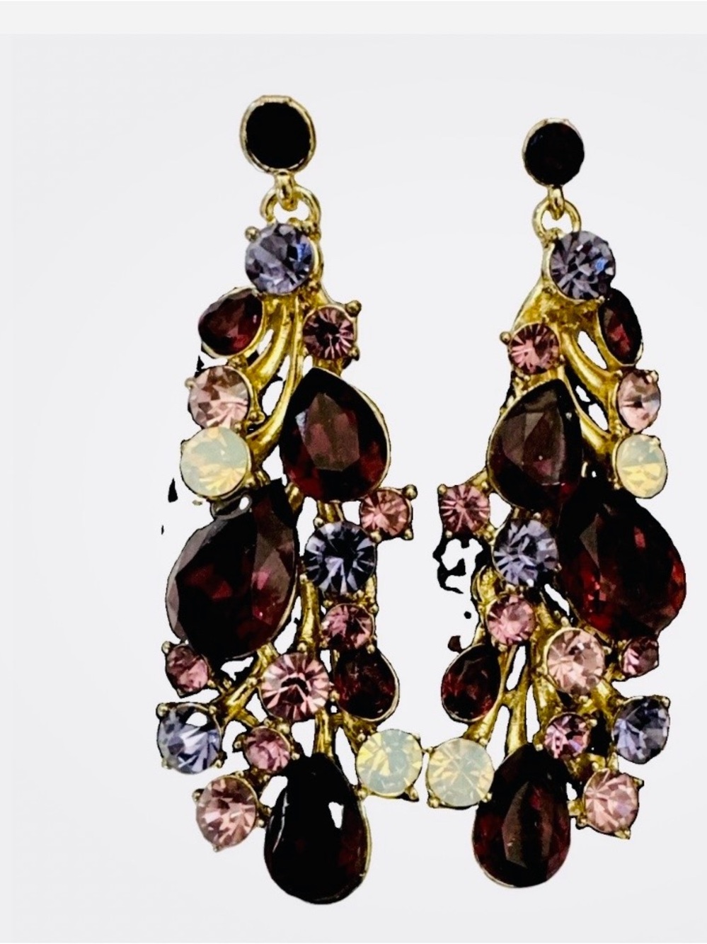 Gold-Tone Multi Gem Teardrop Chandelier Earrings - Pink, Purple & Garnet